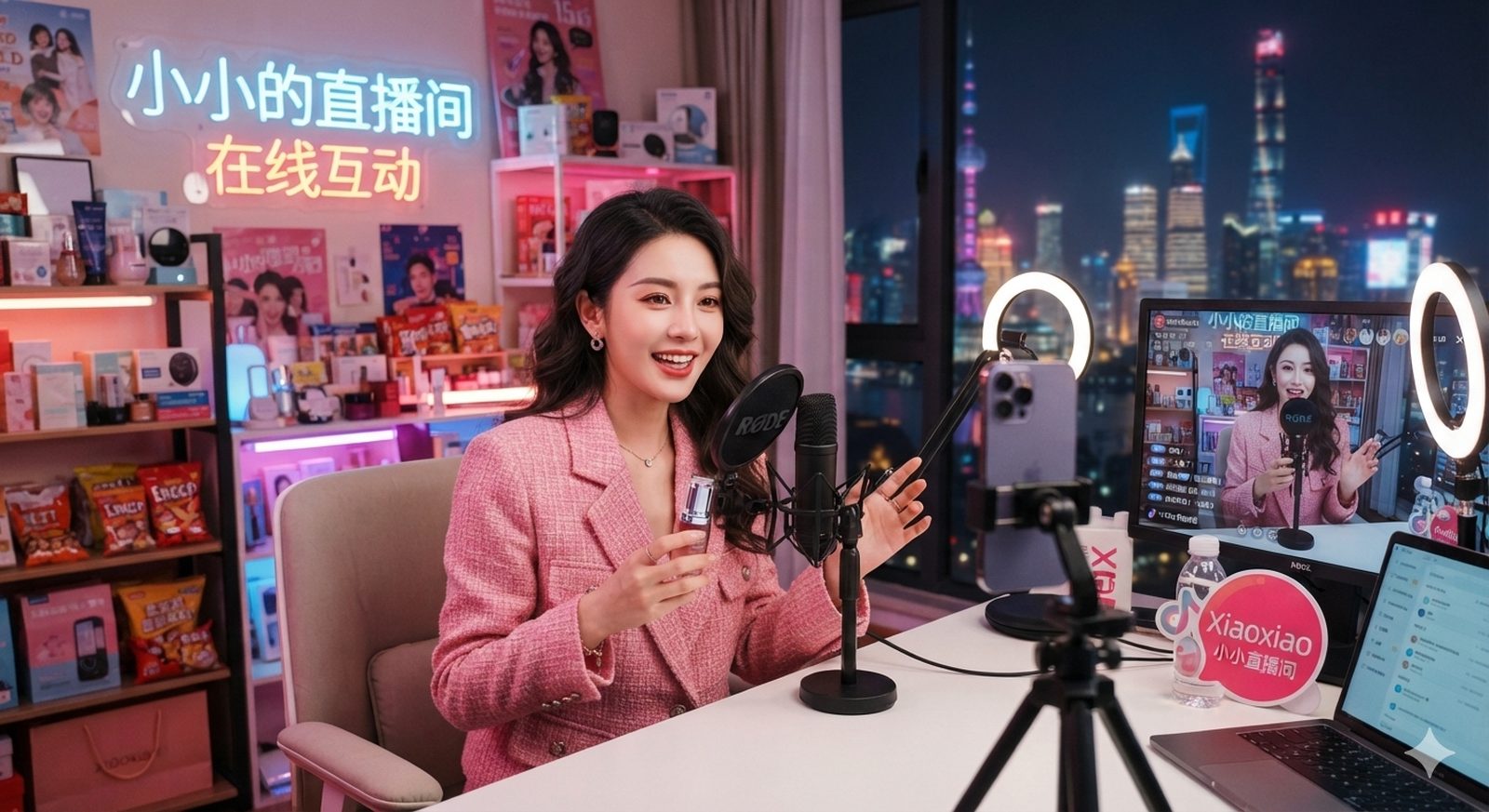 A livestream host presenting products at a studio desk with a ring light, condenser microphone and phone on a tripod, city skyline behind her